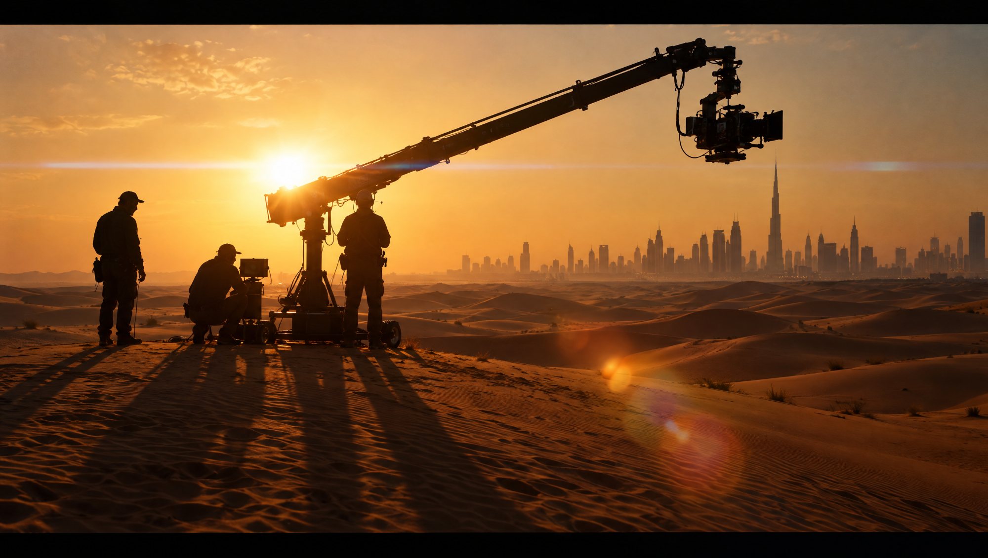 AI-made image: film crew and crane at sunrise