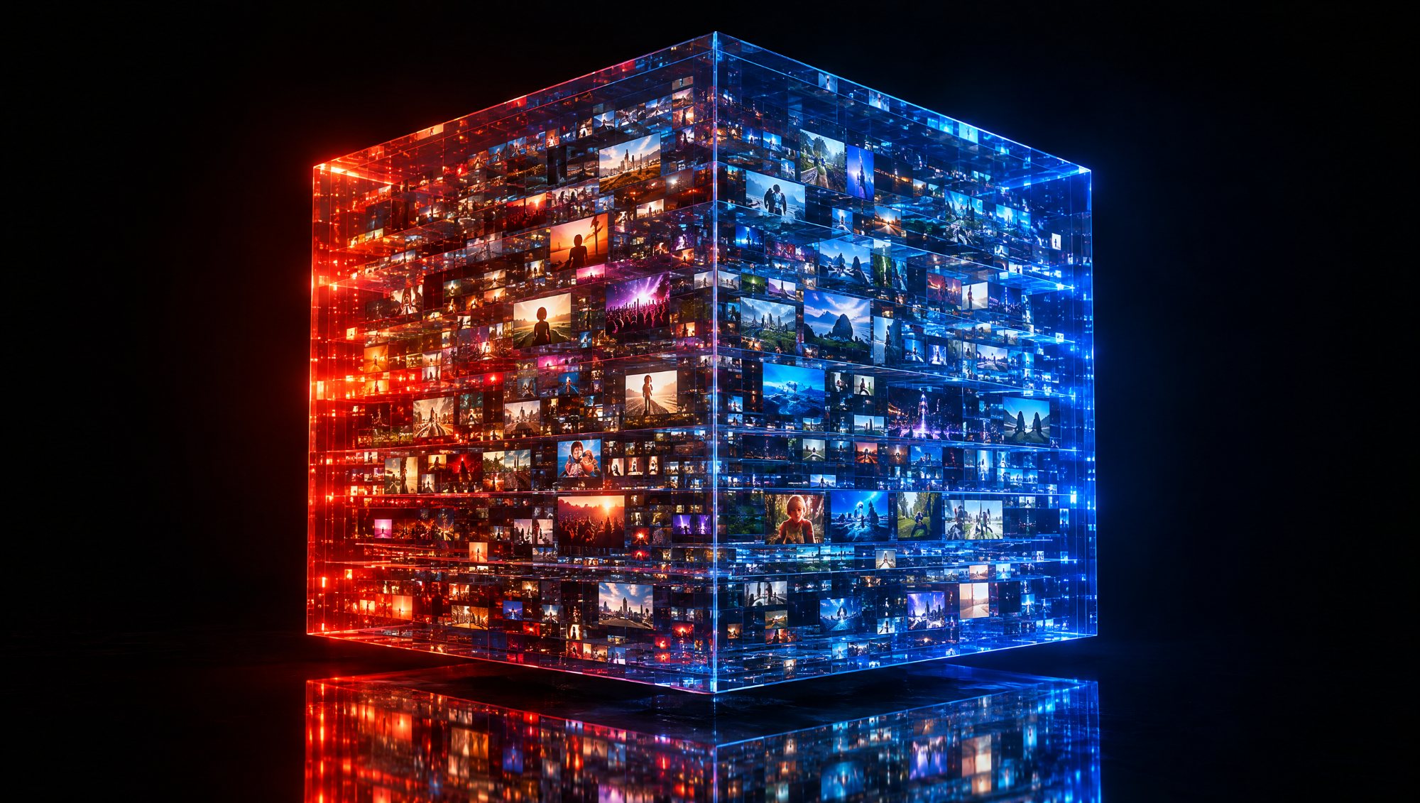 AI-made image: a glass cube of glowing frames