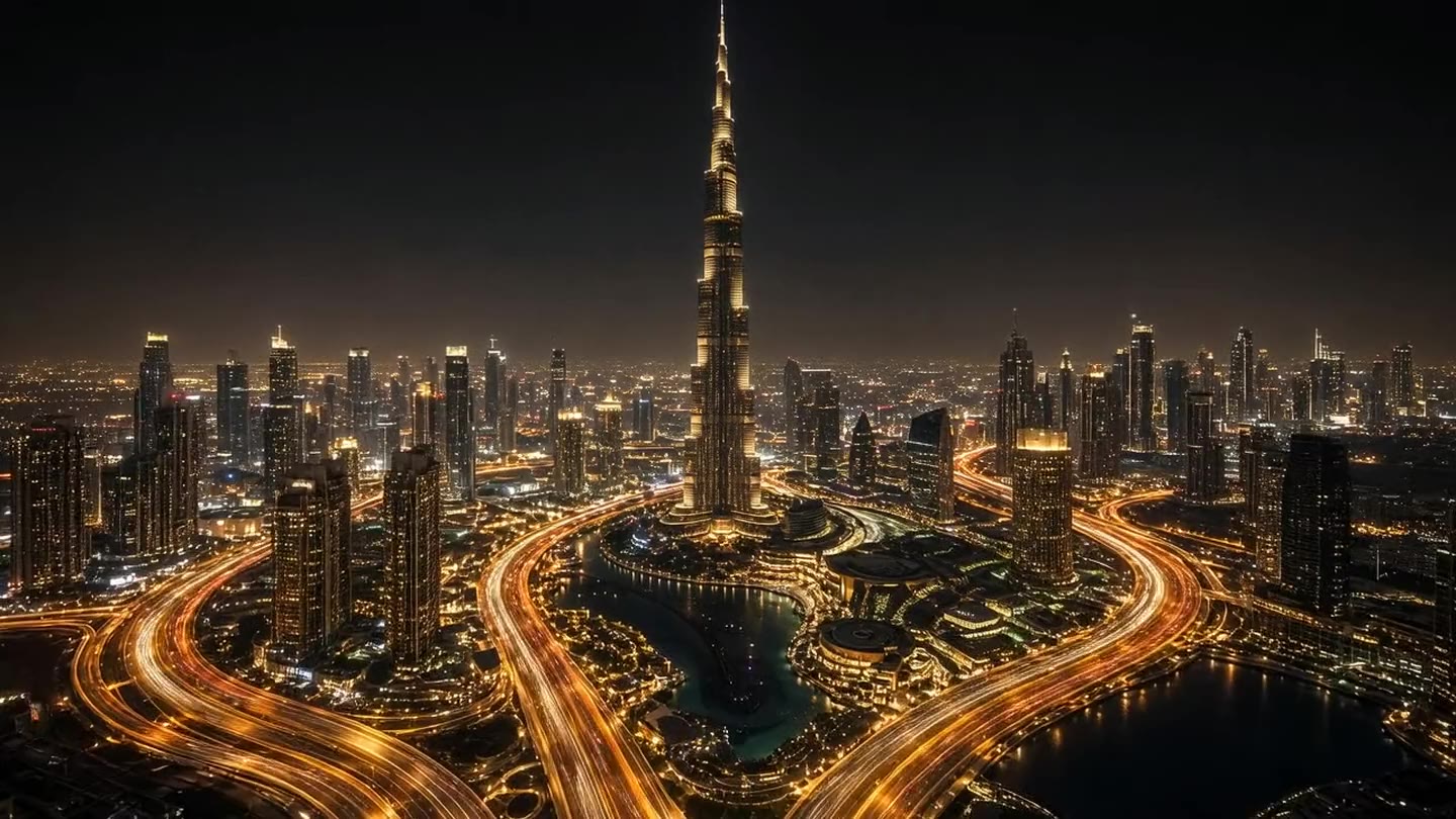 AI-made image: light trails converging on a tower