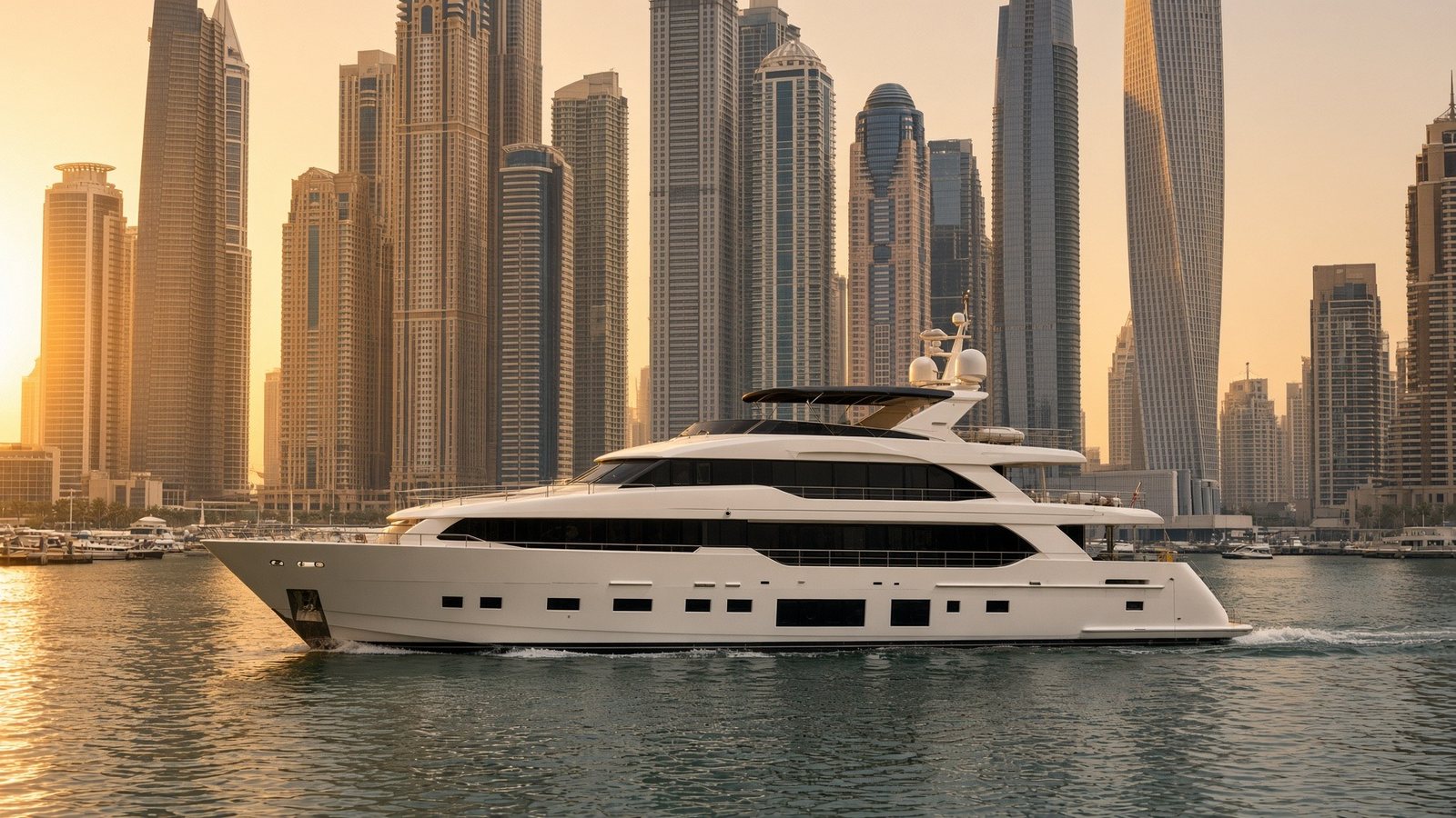 AI-made image: a private yacht at golden hour off Dubai Harbour
