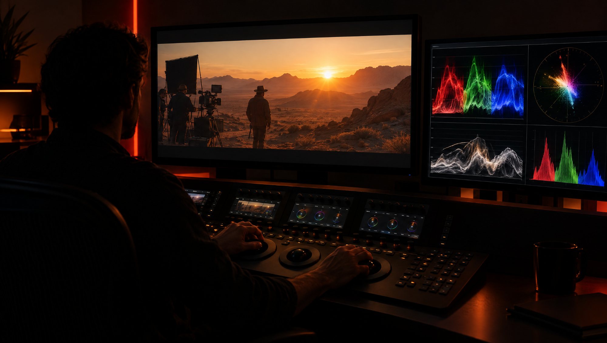 AI-made image: a colourist at a grading console