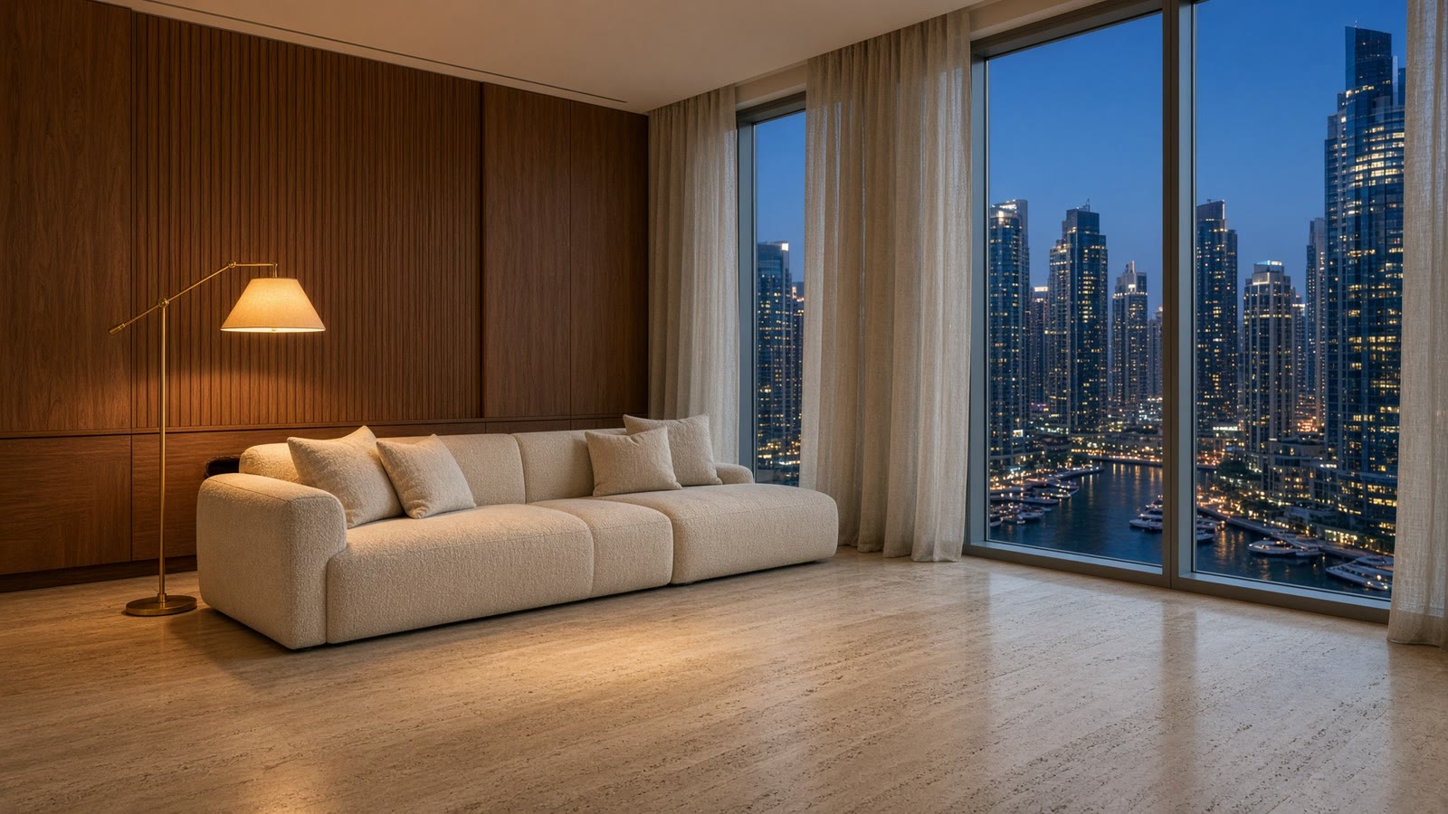 AI-made sample: a second finished living room view over Dubai Marina at dusk