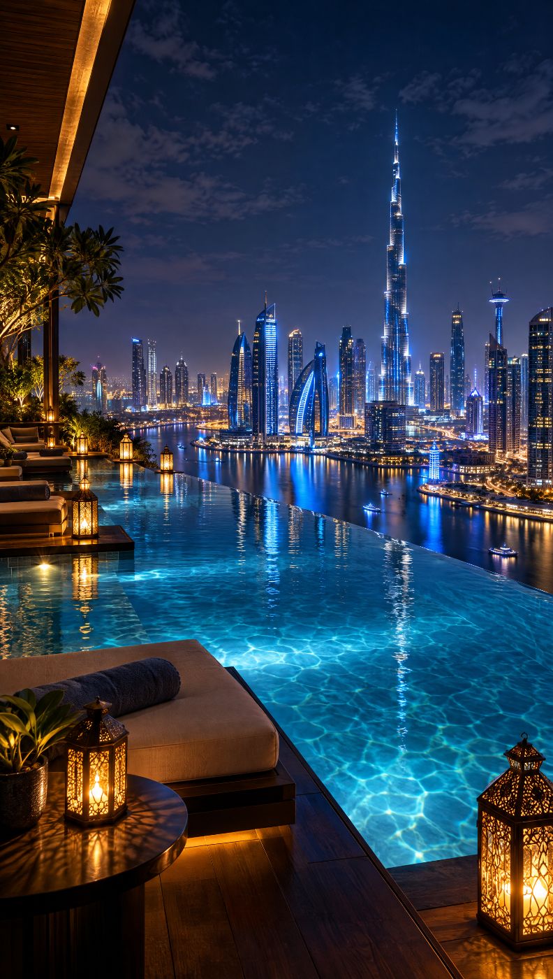AI-made image: a hotel rooftop pool at night