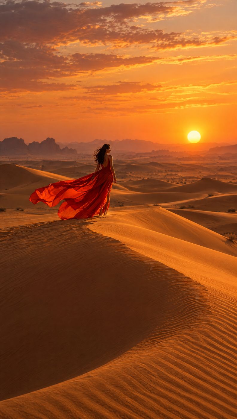 AI-made image: a model in a vermilion dress on desert dunes