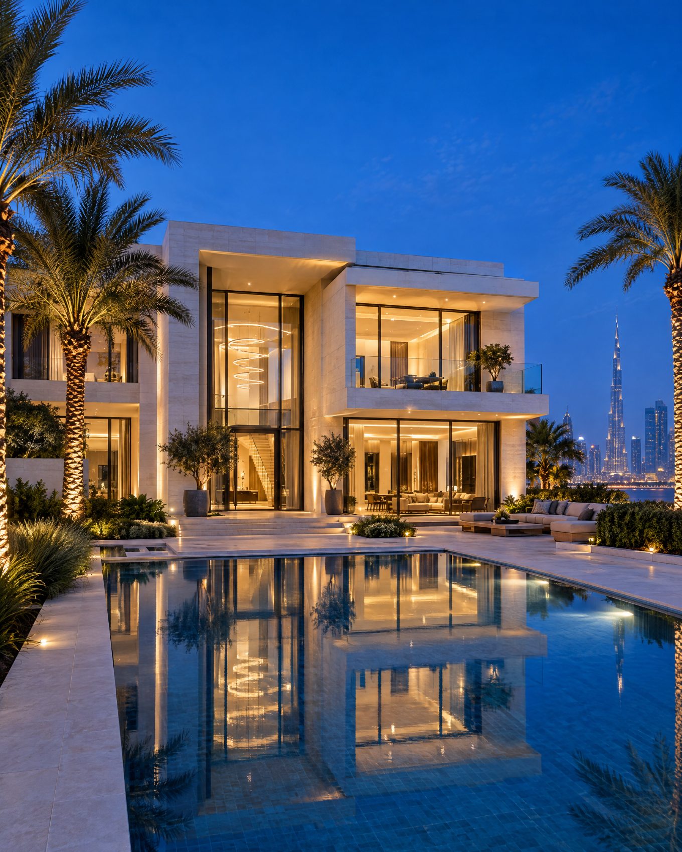 AI-made image: a modern villa at blue hour