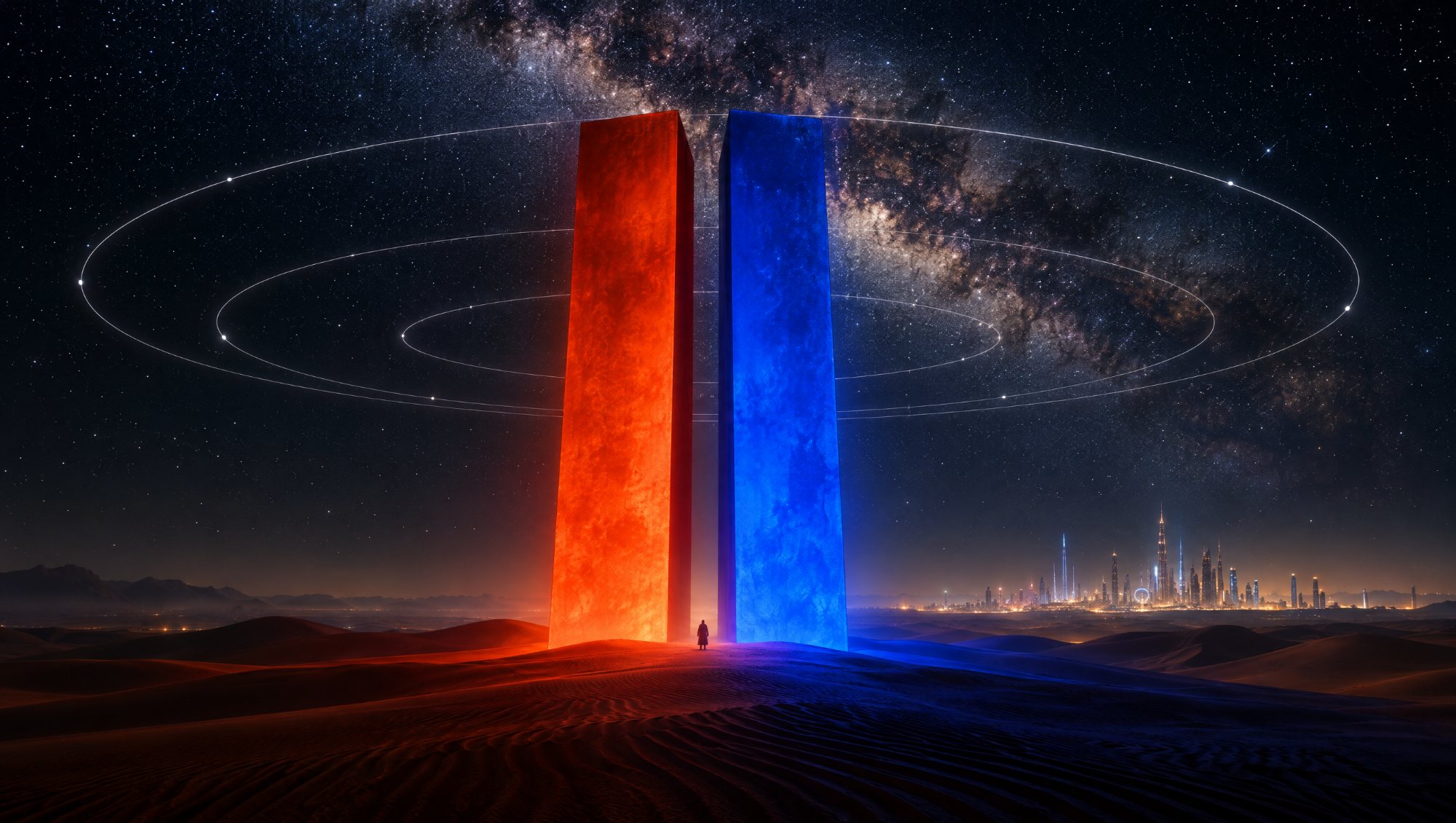 AI-made image: two glowing pillars in the desert at night