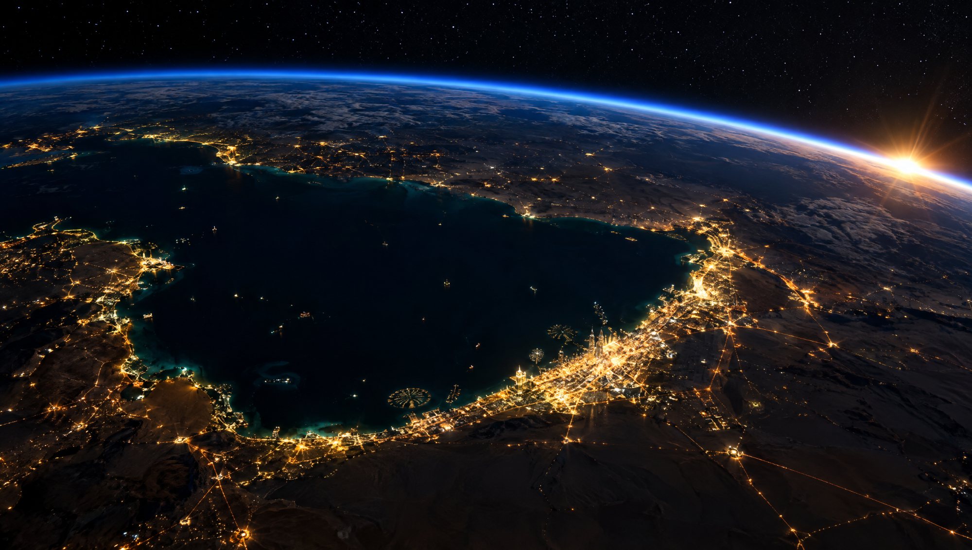 AI-made image: the Gulf at night from orbit